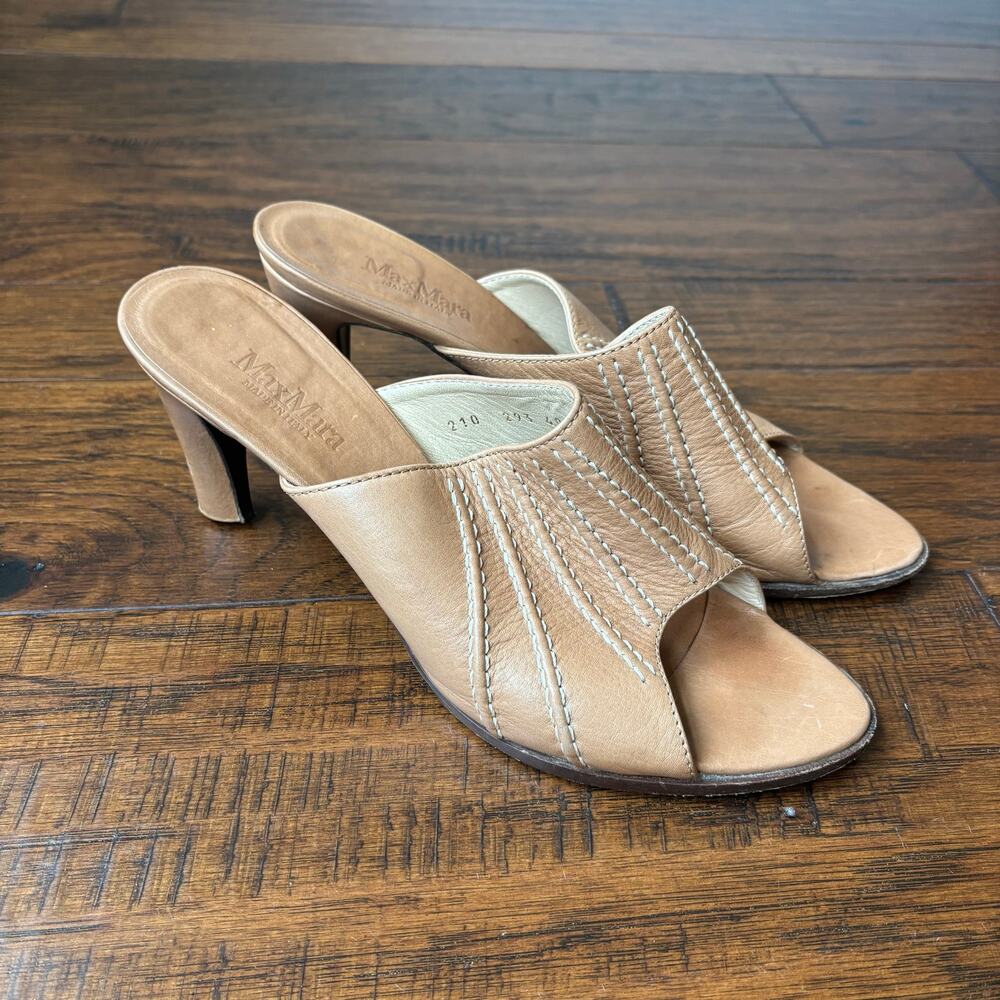 Max Mara Tan Leather Mules Sandals Heeled‎ Pleated Vamp Italy Sz 40 US 9
